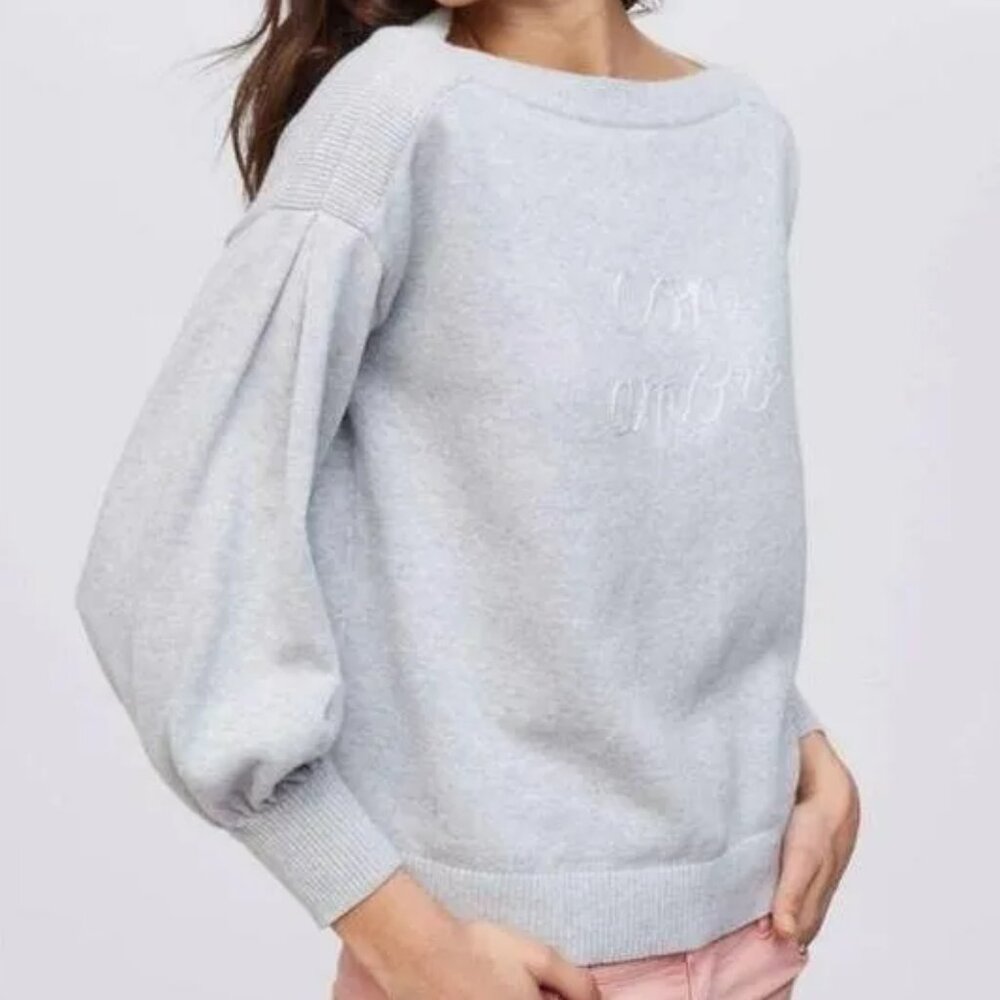 Loft‎ "Con Amor" Puff Sleeve Grey Sweater Knit Size Medium Valentines Love